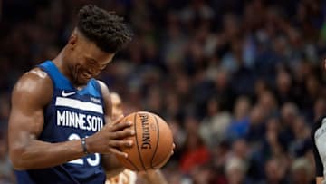 MINNEAPOLIS, MN - OCTOBER 19: Jimmy Butler #23 of the Minnesota Timberwolves prepares to shoot a free throw during the game against the Cleveland Cavaliers on October 19, 2018 at the Target Center in Minneapolis, Minnesota. The Timberwolves defeated the Cavaliers 131-123. NOTE TO USER: User expressly acknowledges and agrees that, by downloading and or using this Photograph, user is consenting to the terms and conditions of the Getty Images License Agreement. (Photo by Hannah Foslien/Getty Images)