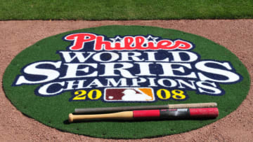 CLEARWATER, FL - FEBRUARY 26: A new on-deck mat celebrates the Philadelphia Phillies 2008 World Series Championship as spring training play begins against the Toronto Blue Jays February 26, 2009 at Bright House Field in Clearwater, Florida. (Photo by Al Messerschmidt/Getty Images)
