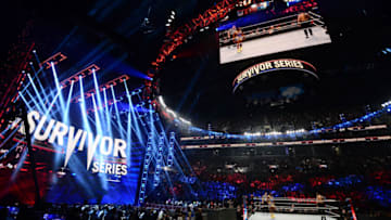 Nov 21, 2021; Brooklyn, NY, USA; WWE Universal Champion Roman Reigns (black attire) and WWE World Heavyweight Champion Big E (colored attire) during their singles match during WWE Survivor Series at Barclays Center. Mandatory Credit: Joe Camporeale-USA TODAY Sports