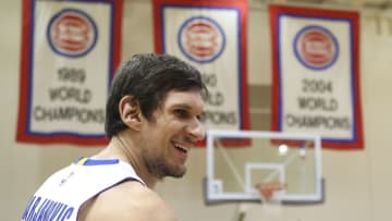 Sep 26, 2016; Detroit, MI, USA; Detroit Pistons center Boban Marjanovic smiles during media day at the Pistons Practice Facility. Mandatory Credit: Raj Mehta-USA TODAY Sports
