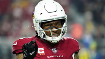 Dec 13, 2021; Glendale, Arizona, USA; Arizona Cardinals wide receiver DeAndre Hopkins (10) reacts to a penalty against the Los Angeles Rams at State Farm Stadium. Mandatory Credit: Rob Schumacher-Arizona RepublicNfl Los Angeles Rams At Arizona Cardinals