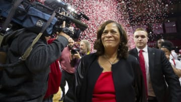 PISCATAWAY, NJ - NOVEMBER 13: Head coach C. Vivian Stringer of the Rutgers Scarlet Knights celebrates her 1,000 career win after defeating the Central Connecticut State Blue Devils at the Rutgers Athletic Center on November 13, 2018 in Piscataway, New Jersey. (Photo by Mitchell Leff/Getty Images)