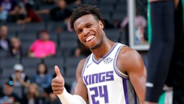 SACRAMENTO, CA - OCTOBER 8: Buddy Hield #24 of the Sacramento Kings looks on against the Maccabi Haifa during a pre-season game on October 8, 2018 at Golden 1 Center in Sacramento, California. NOTE TO USER: User expressly acknowledges and agrees that, by downloading and or using this Photograph, user is consenting to the terms and conditions of the Getty Images License Agreement. Mandatory Copyright Notice: Copyright 2018 NBAE (Photo by Rocky Widner/NBAE via Getty Images)