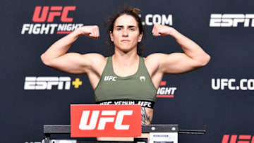 LAS VEGAS, NEVADA - MAY 21: In this UFC handout, Norma Dumont of Brazil poses on the scale during the UFC Fight Night weigh-in at UFC APEX on May 21, 2021 in Las Vegas, Nevada. (Photo by Chris Unger/Zuffa LLC/Getty Images)