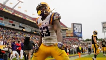Jan 1, 2014; Tampa, Fl, USA; LSU Tigers running back Jeremy Hill (33) reacts and celebrates after he scored a touchdown against the Iowa Hawkeyes during the second half at Raymond James Stadium. LSU Tigers defeated the Iowa Hawkeyes 21-14. Mandatory Credit: Kim Klement-USA TODAY Sports