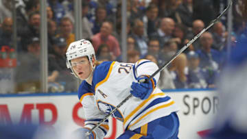TORONTO, ON - APRIL 12: Rasmus Dahlin #26 of the Buffalo Sabres skates against the Toronto Maple Leafs during an NHL game at Scotiabank Arena on April 12, 2022 in Toronto, Ontario, Canada. The Sabres defeated the Maple Leafs 5-2. (Photo by Claus Andersen/Getty Images)