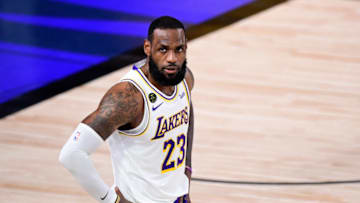 LAKE BUENA VISTA, FLORIDA - OCTOBER 11: LeBron James #23 of the Los Angeles Lakers reacts during the second quarter against the Miami Heat in Game Six of the 2020 NBA Finals at AdventHealth Arena at the ESPN Wide World Of Sports Complex on October 11, 2020 in Lake Buena Vista, Florida. NOTE TO USER: User expressly acknowledges and agrees that, by downloading and or using this photograph, User is consenting to the terms and conditions of the Getty Images License Agreement. (Photo by Douglas P. DeFelice/Getty Images)
