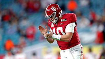 Jan 11, 2021; Miami Gardens, Florida, USA; Alabama Crimson Tide quarterback Mac Jones (10) reacts during the first half against the Ohio State Buckeyes in the 2021 College Football Playoff National Championship Game. Mandatory Credit: Mark J. Rebilas-USA TODAY Sports