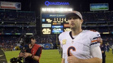 Nov 9, 2015; San Diego, CA, USA; Chicago Bears quarterback Jay Cutler (6) gestures as he runs off the field following a 22-19 win over the San Diego Chargers at Qualcomm Stadium. Mandatory Credit: Jake Roth-USA TODAY Sports