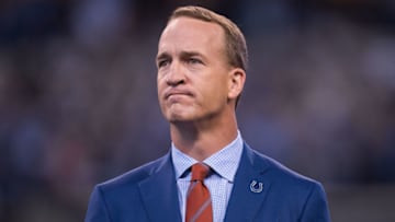 INDIANAPOLIS, IN - OCTOBER 08: Peyton Manning watches a video during the ceremony for the retired jersey of Peyton Manning during the NFL game between the San Francisco 49ers and Indianapolis Colts on October 8, 2017, at Lucas Oil Stadium in Indianapolis, IN. (Photo by Zach Bolinger/Icon Sportswire via Getty Images)