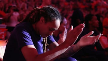 PHOENIX, AZ - AUGUST 31: Brittney Griner #42 of the Phoenix Mercury is introduced before game three of the WNBA Western Conference Finals against the Seattle Storm at Talking Stick Resort Arena on August 31, 2018 in Phoenix, Arizona. NOTE TO USER: User expressly acknowledges and agrees that, by downloading and or using this photograph, User is consenting to the terms and conditions of the Getty Images License Agreement. (Photo by Christian Petersen/Getty Images)