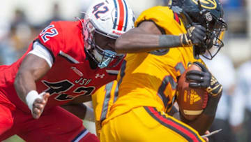 Jackson State linebacker Jeremiah Brown (42) gets ready to take down Grambling running back Maurice Washington (28) during an NCAA college football game against in Jackson, Miss., Saturday, Sept. 17, 2022.Tcl Grambling Jackson State