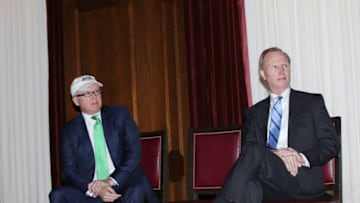 NEW YORK, NEW YORK - APRIL 13: Woody Johnson, and John Mara, (Photo by Bennett Raglin/Getty Images)