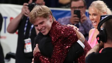 Jun 22, 2023; Brooklyn, NY, USA; Gradey Dick (Kansas) reacts after being selected thirteenth by the Toronto Raptors in the first round of the 2023 NBA Draft at Barclays Arena. Mandatory Credit: Wendell Cruz-USA TODAY Sports