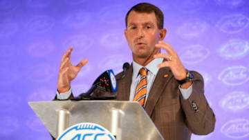 Jul 22, 2021; Charlotte, NC, USA; Clemson Tigers coach Dabo Swinney speaks to the media during the ACC Kickoff at The Westin Charlotte. Mandatory Credit: Jim Dedmon-USA TODAY Sports