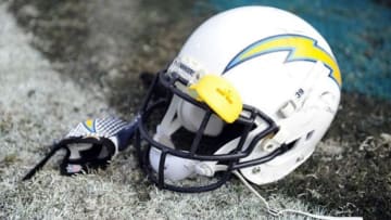 Oct 20, 2013; Jacksonville, FL, USA; San Diego Chargers helmet lays on the field after the game against the Jacksonville Jaguars at EverBank Field. Mandatory Credit: Melina Vastola-USA TODAY Sports