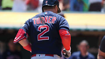 Jul 19, 2023; Oakland, California, USA; Boston Red Sox first baseman Justin Turner (2) on a two-run home run against the Oakland Athletics during the first inning at Oakland-Alameda County Coliseum. Mandatory Credit: Kelley L Cox-USA TODAY Sports
