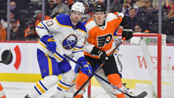 Apr 17, 2022; Philadelphia, Pennsylvania, USA; Buffalo Sabres defenseman Mattias Samuelsson (23) and Philadelphia Flyers right wing Owen Tippett (74) battle for position during the second period at Wells Fargo Center. Mandatory Credit: Eric Hartline-USA TODAY Sports