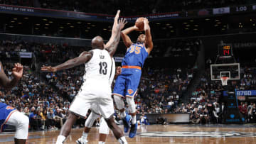 BROOKLYN, NY - OCTOBER 8: Jarrett Jack #55 of the New York Knicks shoots the ball against the Brooklyn Nets during a preseason game on October 8, 2017 at Barclays Center in Brooklyn, New York. NOTE TO USER: User expressly acknowledges and agrees that, by downloading and or using this Photograph, user is consenting to the terms and conditions of the Getty Images License Agreement. Mandatory Copyright Notice: Copyright 2017 NBAE (Photo by Nathaniel S. Butler/NBAE via Getty Images)