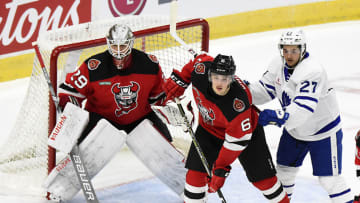 Colton White #6 of the Binghamton Devils. (Photo by Graig Abel/Getty Images)