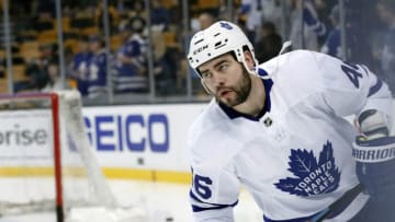 BOSTON, MA - APRIL 25: Toronto Maple Leafs defenseman Roman Polak (46) warms up before Game 7 of the First Round for the 2018 Stanley Cup Playoffs between the Boston Bruins and the Toronto Maple Leafs on April 25, 2018, at TD Garden in Boston, Massachusetts. The Bruins defeated the Maple Leafs 7-4. (Photo by Fred Kfoury III/Icon Sportswire via Getty Images)