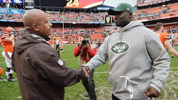 Oct 30, 2016; Cleveland, OH, USA; Cleveland Browns head coach Hue Jackson shakes hands with New York Jets head coach Todd Bowles after the game at FirstEnergy Stadium. Mandatory Credit: Ken Blaze-USA TODAY Sports