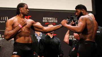 ZAGREB, CROATIA - APRIL 09: (L-R) Francis Ngannou of Cameroon and Curtis Blaydes of the United States face off during the UFC Fight Night weigh-in at the Arena Zagreb on April 9, 2016 in Zagreb, Croatia. (Photo by Srdjan Stevanovic/Zuffa LLC/Zuffa LLC via Getty Images)