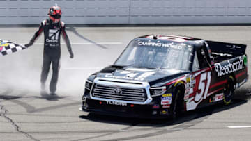LONG POND, PA - JULY 28: Kyle Busch, driver of the #51 Cessna Toyota, celebrates after winning the NASCAR Camping World Truck Series Gander Outdoors 150 at Pocono Raceway on July 28, 2018 in Long Pond, Pennsylvania. (Photo by Jared C. Tilton/Getty Images)