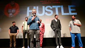 PHILADELPHIA, PENNSYLVANIA - JUNE 07: (L-R) Raúl Castillo, Tobias Harris, Jeremiah Zagar, Kenny Smith, Juancho Hernangomez, and Adam Sandler speak onstage during Netflix's "Hustle" Philadelphia special screening at Philadelphia Film Center on June 07, 2022 in Philadelphia, Pennsylvania. (Photo by Lisa Lake/Getty Images for Netflix)