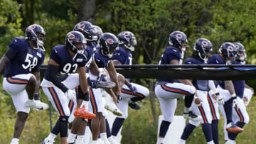 LAKE FOREST, ILLINOIS - AUGUST 18: The Chicago Bears run during training camp at Halas Hall on August 18, 2020 in Lake Forest, Illinois. (Photo by Nam Y. Huh-Pool/Getty Images)