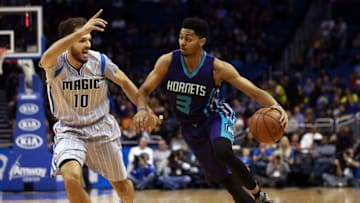 Jan 22, 2016; Orlando, FL, USA; Charlotte Hornets guard Jeremy Lamb (3) drives to the basket as Orlando Magic guard Evan Fournier (10) defends during the first quarter at Amway Center. Mandatory Credit: Kim Klement-USA TODAY Sports