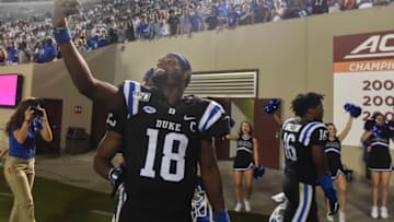 BLACKSBURG, VA - SEPTEMBER 27: Quarterback Quentin Harris #18 of the Duke Blue Devils celebrates following the victory against the Virginia Tech Hokies at Lane Stadium on September 27, 2019 in Blacksburg, Virginia. (Photo by Michael Shroyer/Getty Images)