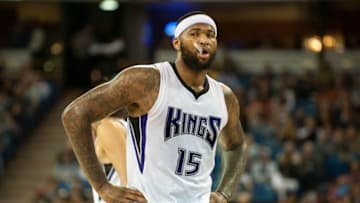 Mar 16, 2016; Sacramento, CA, USA; Sacramento Kings center DeMarcus Cousins (15) looks on during the second quarter of the game against the New Orleans Pelicans at Sleep Train Arena. Mandatory Credit: Ed Szczepanski-USA TODAY Sports