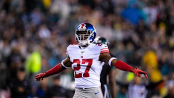 PHILADELPHIA, PA - DECEMBER 09: Deandre Baker #27 of the New York Giants celebrates breaking up a pass intended for Alshon Jeffery #17 of the Philadelphia Eagles during the first quarter at Lincoln Financial Field on December 9, 2019 in Philadelphia, Pennsylvania. (Photo by Brett Carlsen/Getty Images)