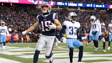 FOXBOROUGH, MA - JANUARY 13: Chris Hogan #15 of the New England Patriots reacts after catching a touchdown pass in the third quarter of the AFC Divisional Playoff game against the Tennessee Titans at Gillette Stadium on January 13, 2018 in Foxborough, Massachusetts. (Photo by Jim Rogash/Getty Images)