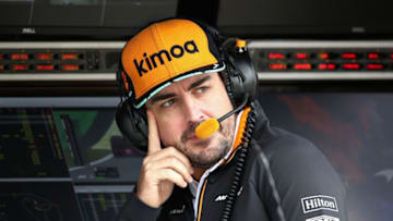 SAO PAULO, BRAZIL - NOVEMBER 09: Fernando Alonso of Spain and McLaren F1 looks on from the pitwall during practice for the Formula One Grand Prix of Brazil at Autodromo Jose Carlos Pace on November 9, 2018 in Sao Paulo, Brazil. (Photo by Charles Coates/Getty Images)