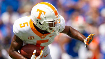 GAINESVILLE, FL- SEPTEMBER 21: Josh Palmer #5 of the Tennessee Volunteers runs with the ball during the first half of the game against the Florida Gators at Ben Hill Griffin Stadium on September 21, 2019 in Gainesville, Florida. (Photo by Carmen Mandato/Getty Images)