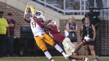 TALLAHASSEE, FL - SEPTEMBER 7: Wide Receiver Xavier Brown #17 of the Louisiana Monroe Warhawks makes a touchdown catch over Cornerback Kyle Meyers #14 of the Florida State Seminoles during the game at Doak Campbell Stadium on Bobby Bowden Field on September 7, 2019 in Tallahassee, Florida. Florida State defeated Louisiana Monroe 45 to 44 in overtime. (Photo by Don Juan Moore/Getty Images)