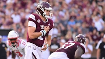 Sep 11, 2021; Starkville, Mississippi, USA; Mississippi State Bulldogs quarterback Will Rogers (2) signals before a play against the North Carolina State Wolfpack during the first quarter at Davis Wade Stadium at Scott Field. Mandatory Credit: Matt Bush-USA TODAY Sports