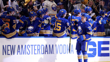 Mar 10, 2022; Buffalo, New York, USA; Buffalo Sabres left wing Victor Olofsson (71) celebrates his goal with teammates during the third period against the Vegas Golden Knights at KeyBank Center. Mandatory Credit: Timothy T. Ludwig-USA TODAY Sports