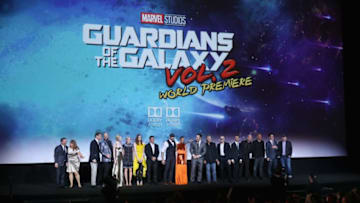 HOLLYWOOD, CA - APRIL 19: (L-R) Executive producers Louis D'Esposito, Victoria Alonso, actors David Hasselhoff, Chris Sullivan, Elizabeth Debicki, Pom Klementieff, Karen Gillan, Sylvester Stallone, Dave Bautista, Zoe Saldana, Chris Pratt, Kurt Russell, Michael Rooker, Sean Gunn, Tommy Flanagan, Vin Diesel, director James Gunn and Producer and President of Marvel Studios Kevin Feige at The World Premiere of Marvel Studios Guardians of the Galaxy Vol. 2. at Dolby Theatre in Hollywood, CA April 19th, 2017 (Photo by Jesse Grant/Getty Images for Disney)