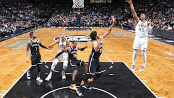 BROOKLYN, NY - NOVEMBER 28: Donovan Mitchell #45 of the Utah Jazz shoots the ball against the Brooklyn Nets on November 28, 2018 at Barclays Center in Brooklyn, New York. NOTE TO USER: User expressly acknowledges and agrees that, by downloading and/or using this photograph, user is consenting to the terms and conditions of the Getty Images License Agreement. Mandatory Copyright Notice: Copyright 2018 NBAE (Photo by Nathaniel S. Butler/NBAE via Getty Images)