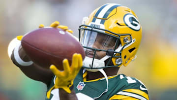 Aug 18, 2016; Green Bay, WI, USA; Green Bay Packers wide receiver Randall Cobb (18) catches a pass during warmups prior to the game against the Oakland Raiders at Lambeau Field. Mandatory Credit: Jeff Hanisch-USA TODAY Sports