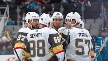 SAN JOSE, CA - SEPTEMBER 21: Shea Theodore #27, Nate Schmidt #88, Stefan Matteau #25, and David Perron #57 of the Vegas Golden Knights huddle during the game against the San Jose Sharks at SAP Center on September 21, 2017 in San Jose, California. (Photo by Rocky W. Widner/NHL/Getty Images)