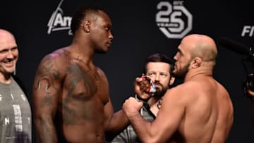 ORLANDO, FL - FEBRUARY 23: (L-R) Opponents Ovince Saint Preux and Ilir Latifi of Sweden face off during the UFC Fight Night Weigh-in at Amway Center on February 23, 2018 in Orlando, Florida. (Photo by Jeff Bottari/Zuffa LLC/Zuffa LLC via Getty Images)