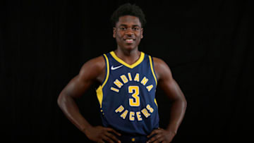 TARRYTOWN, NY - AUGUST 12: Aaron Holiday #3 of the Indiana Pacers poses for a portrait during the 2018 NBA Rookie Photo Shoot on August 12, 2018 at the Madison Square Garden Training Facility in Tarrytown, New York. NOTE TO USER: User expressly acknowledges and agrees that, by downloading and or using this photograph, User is consenting to the terms and conditions of the Getty Images License Agreement. Mandatory Copyright Notice: Copyright 2018 NBAE (Photo by Brian Babineau/NBAE via Getty Images)