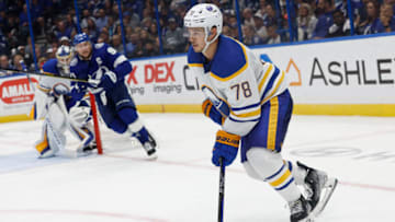 Nov 5, 2022; Tampa, Florida, USA;Buffalo Sabres defenseman Jacob Bryson (78) skates with the puck against the Tampa Bay Lightning during the third period at Amalie Arena. Mandatory Credit: Kim Klement-USA TODAY Sports
