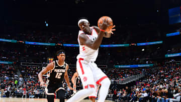 ATLANTA, GA - JANUARY 20: Pascal Siakam #43 of the Toronto Raptors grabs the rebound against the Atlanta Hawks on January 20, 2020 at State Farm Arena in Atlanta, Georgia. NOTE TO USER: User expressly acknowledges and agrees that, by downloading and/or using this Photograph, user is consenting to the terms and conditions of the Getty Images License Agreement. Mandatory Copyright Notice: Copyright 2020 NBAE (Photo by Scott Cunningham/NBAE via Getty Images)