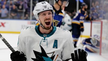ST LOUIS, MISSOURI - MAY 15: Logan Couture #39 of the San Jose Sharks celebrates after scoring a goal on Jordan Binnington #50 of the St. Louis Blues during the third period in Game Three of the Western Conference Finals during the 2019 NHL Stanley Cup Playoffs at Enterprise Center on May 15, 2019 in St Louis, Missouri. (Photo by Elsa/Getty Images)