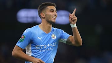MANCHESTER, ENGLAND - SEPTEMBER 21: Ferran Torres of Manchester City celebrates after scoring their fourth goal during the Carabao Cup Third Round match between Manchester City and Wycombe Wanderers F.C. at Etihad Stadium on September 21, 2021 in Manchester, England. (Photo by James Gill - Danehouse/Getty Images)